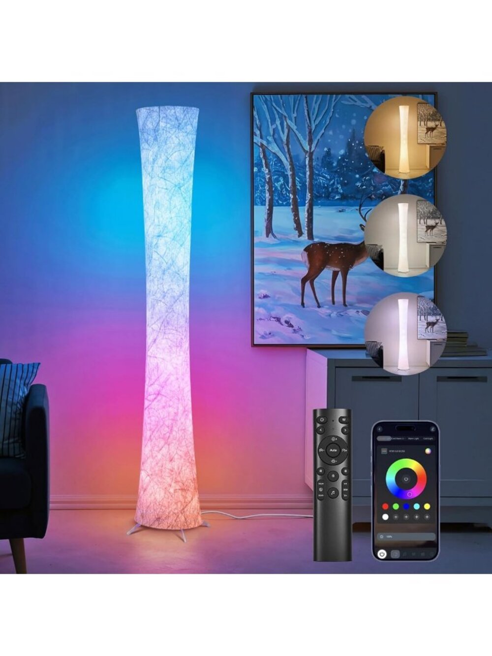 Stylish 61'' RGB LED Corner Floor Lamp with Unique Hourglass Shade - Modern Home